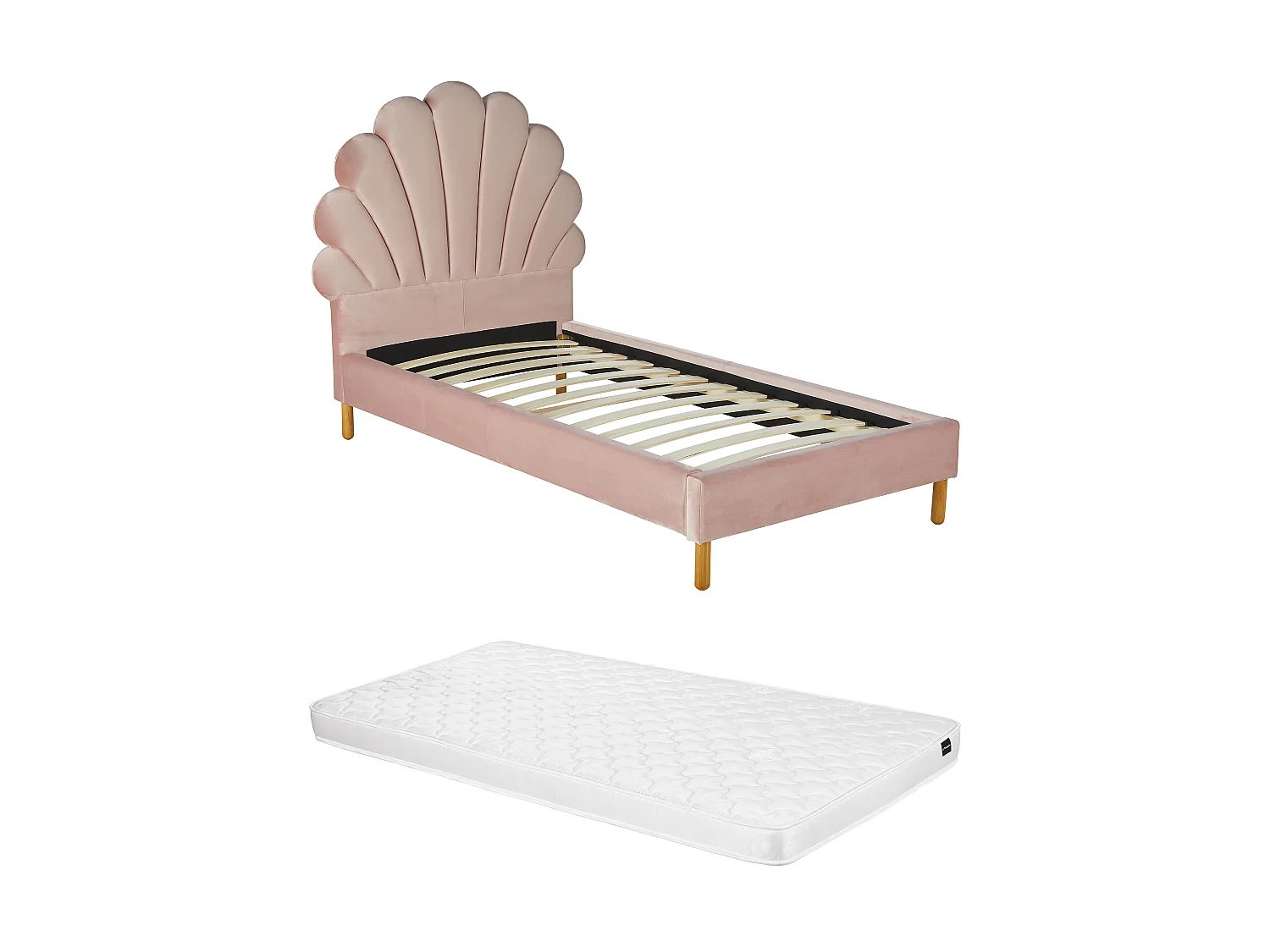 Lit coquillage 90 x 190 cm - Velours - Rose + Matelas - MOANA