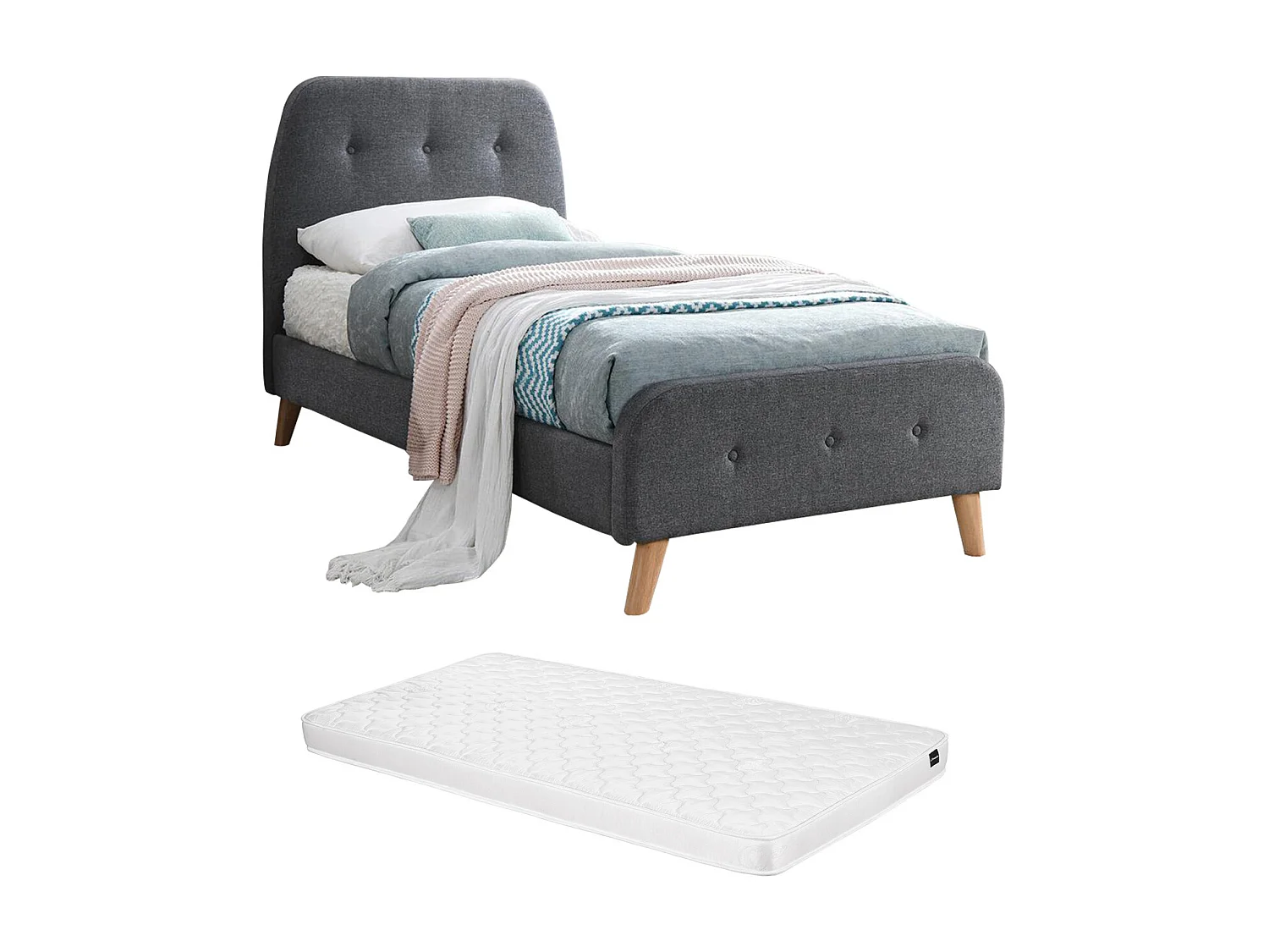 Cama com cabeceira acolchoada 90x190 cm em tecido Cinza + Colchão - ROMEO
