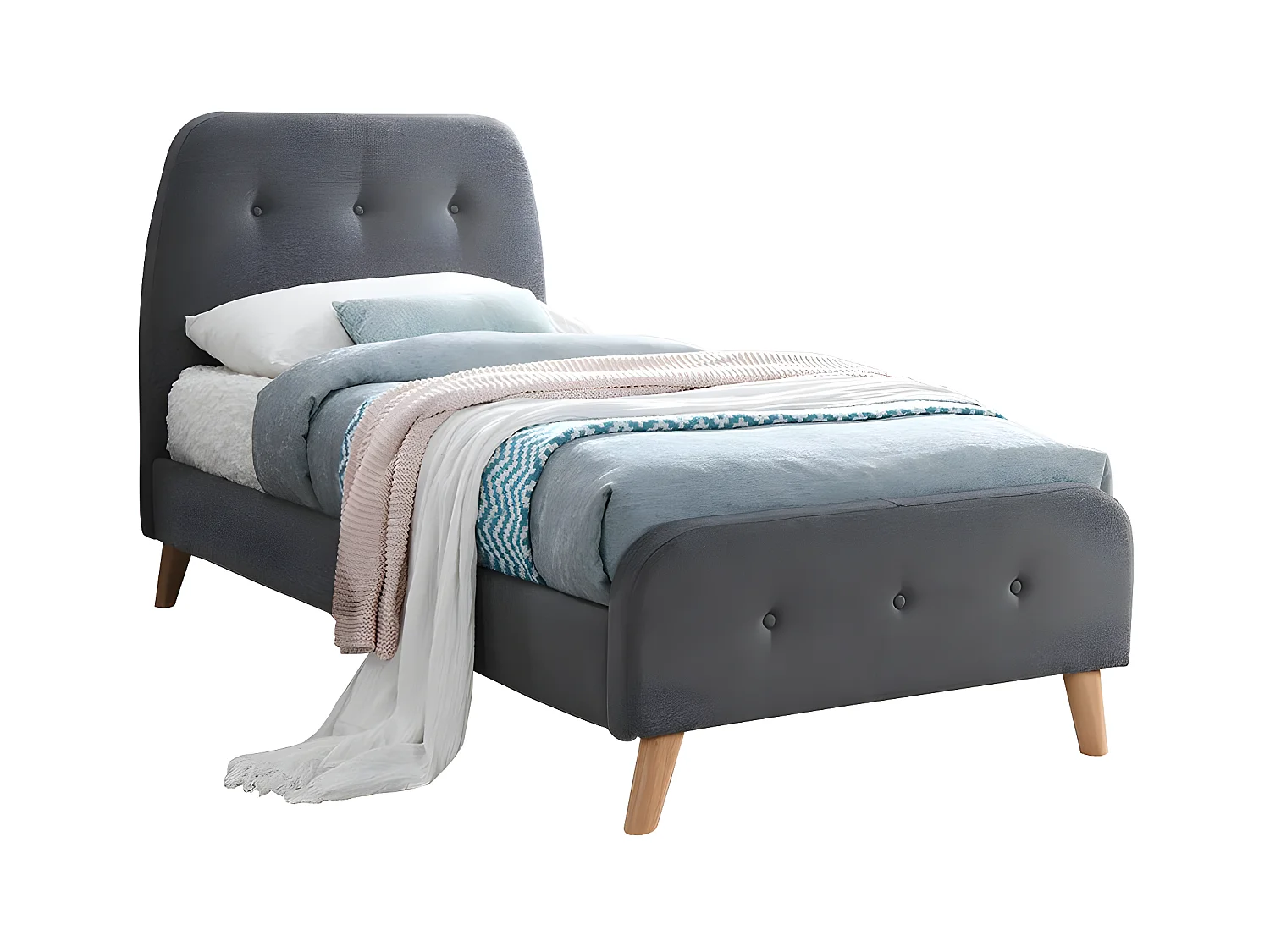 Cama ROMEO cabecero capitoné - 90 x 190 cm - Tela gris + colchón
