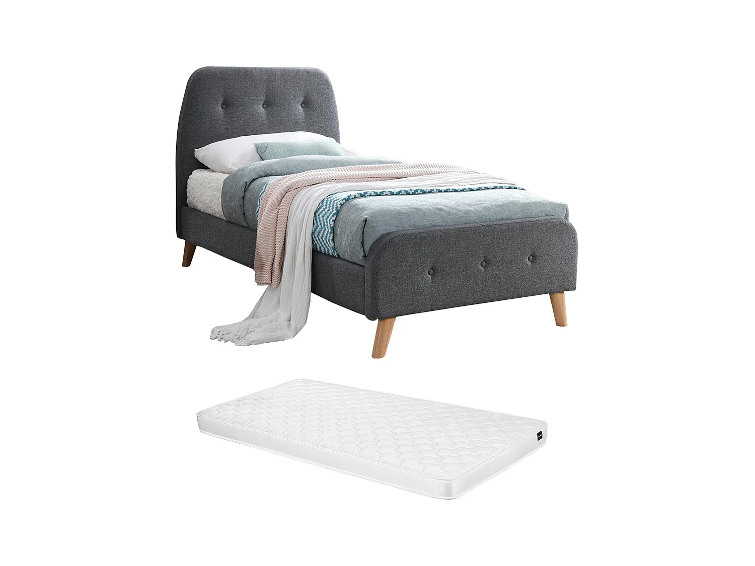 Cama ROMEO cabecero capitoné - 90 x 190 cm - Tela gris + colchón