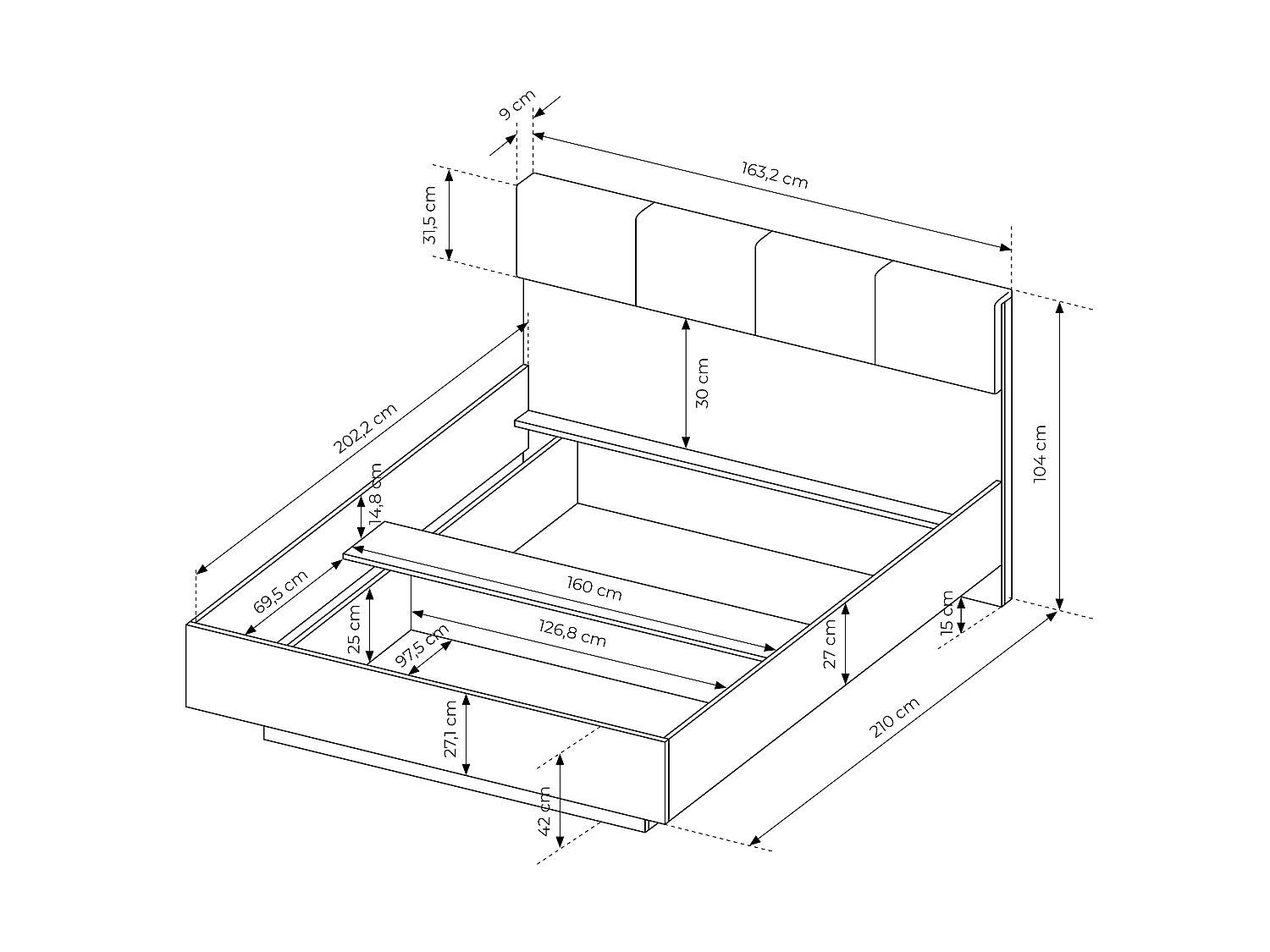 Bett mit Nachttischen & LED-Beleuchtung + Lattenrost + Matratze - 160 x 200 cm - Holzfarben & Schwarz - ARIADA
