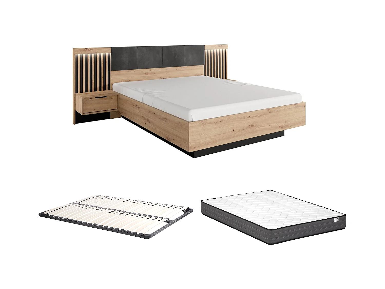 Bett mit Nachttischen & LED-Beleuchtung + Lattenrost + Matratze - 160 x 200 cm - Holzfarben & Schwarz - ARIADA