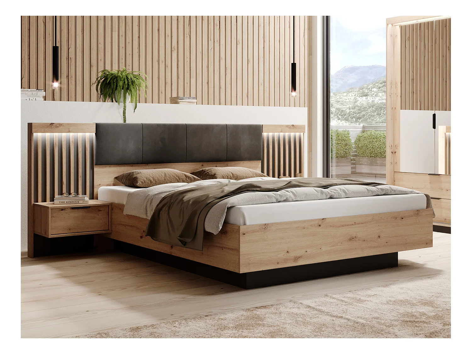 Bed met nachtkastjes 160 x 200 cm - Met ledverlichting - Kleur: naturel en zwart + lattenbodem + matras - ARIADA