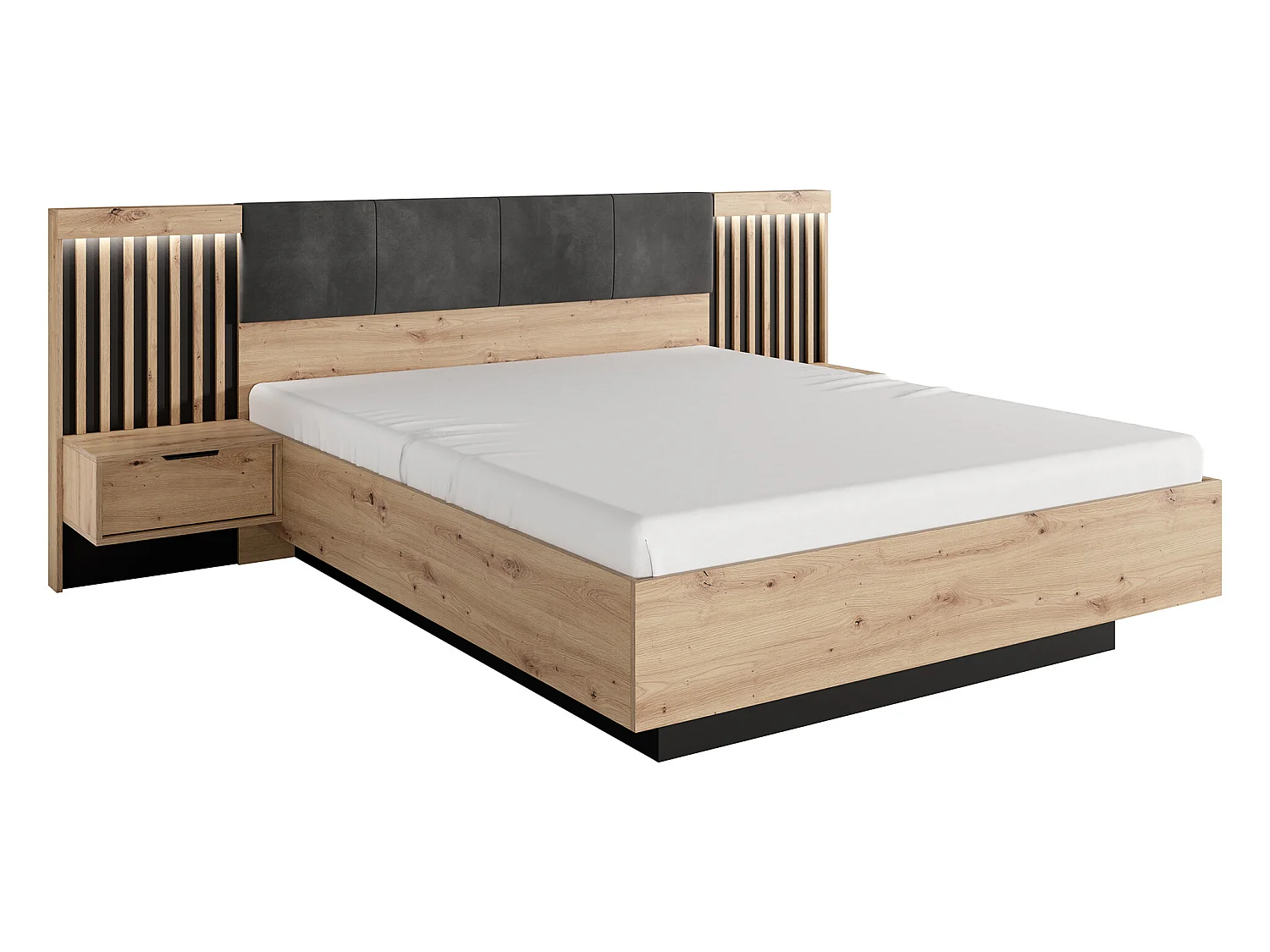 Letto con comodini e LED + Rete + Materasso 160 x 200 cm Naturale e Nero - ARIADA