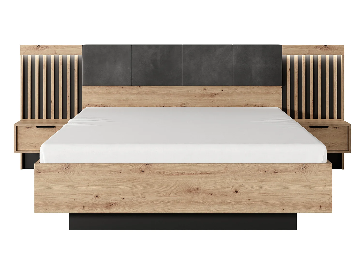 Letto con comodini e LED + Rete + Materasso 160 x 200 cm Naturale e Nero - ARIADA