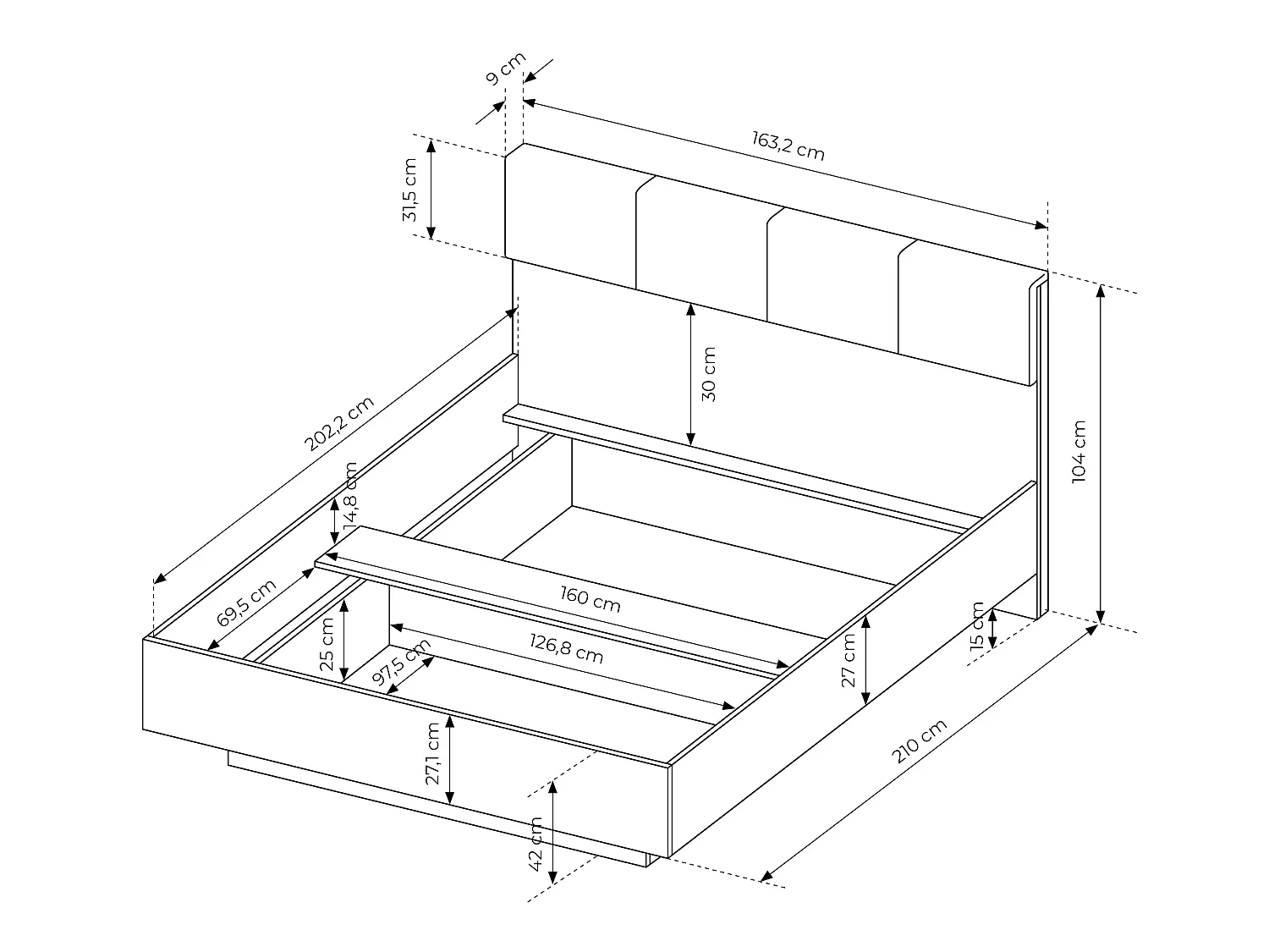 Letto con comodini e LED + Rete + Materasso 160 x 200 cm Naturale e Nero - ARIADA