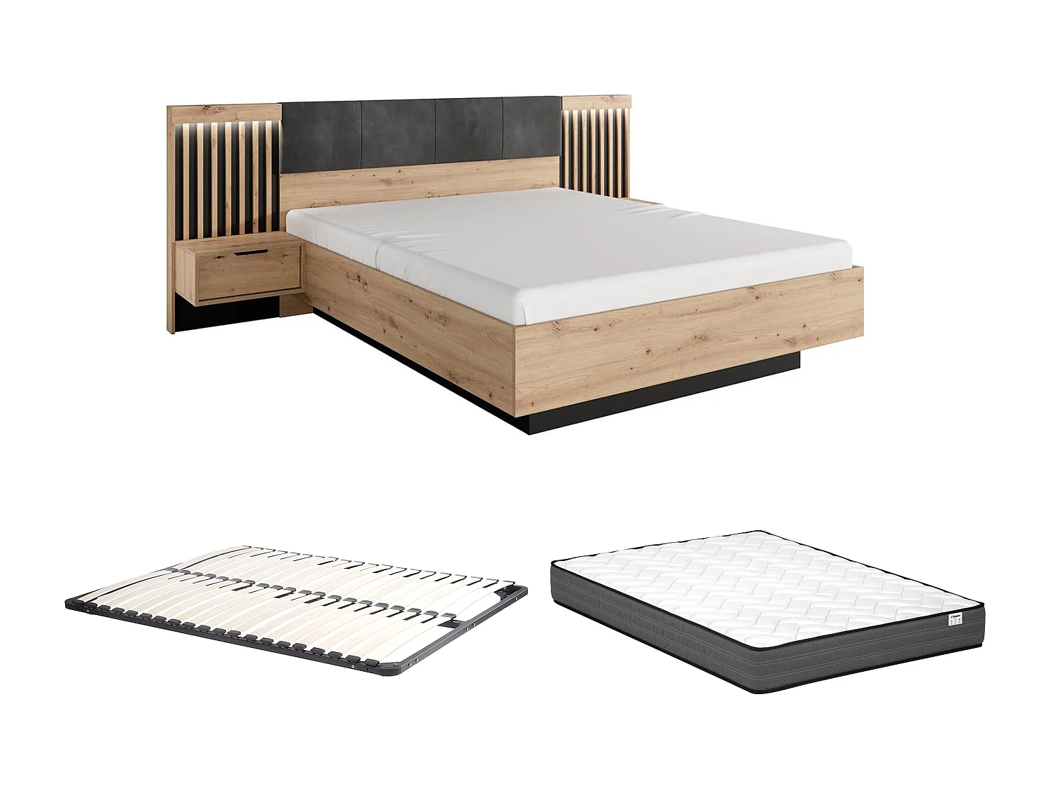 Letto con comodini e LED + Rete + Materasso 160 x 200 cm Naturale e Nero - ARIADA