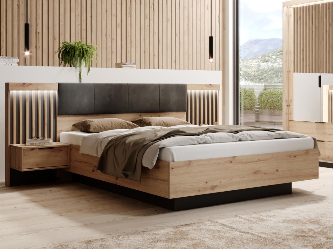Lit avec chevets 160 x 200 cm - Avec LEDs - Coloris : Naturel et noir + Sommier + Matelas - ARIADA