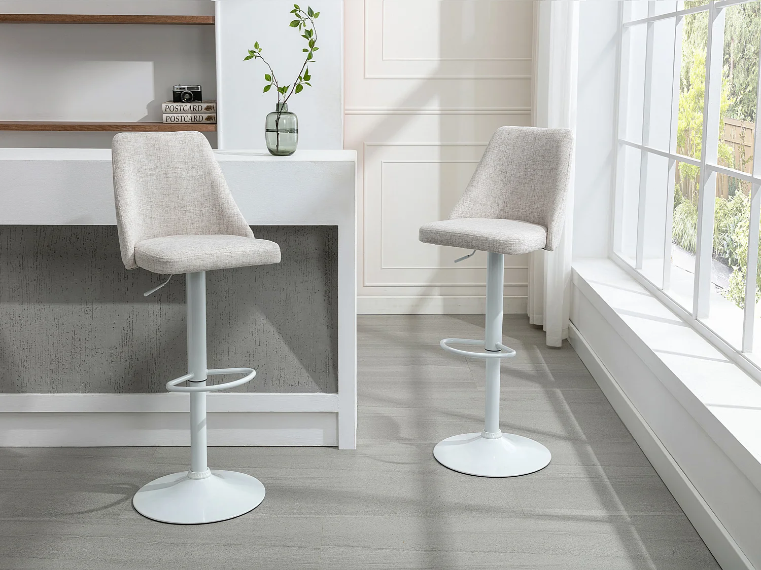 Lot de 2 tabourets de bar en tissu et métal blanc - Hauteur réglable - Beige - KIYOLA