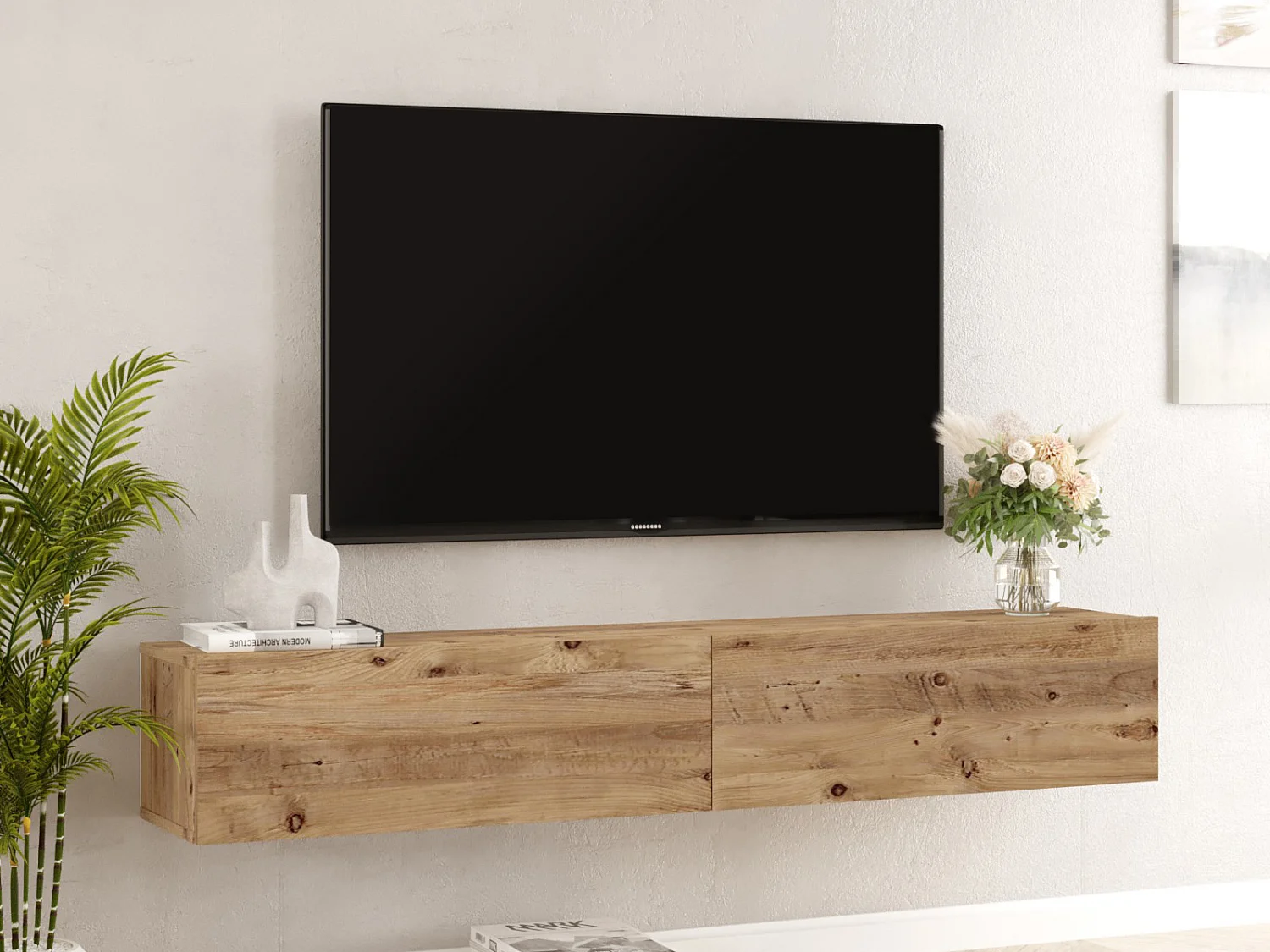 Meuble TV suspendu avec 2 portes - Naturel clair - AUBEPINA