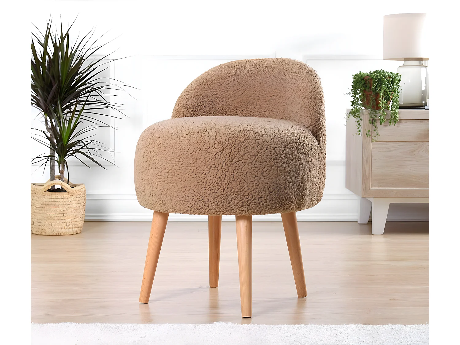 Tabouret Ross H64cm Bois clair et Fourrure Marron