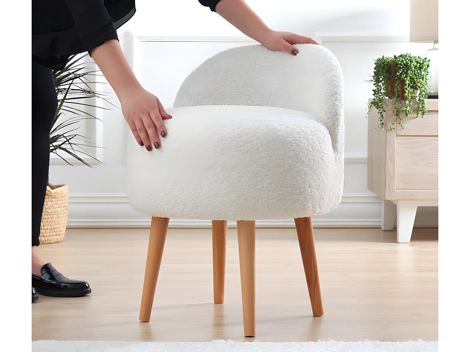 Puf Altadena 480, Blanco, 72x42x48cm, Tapiz, Patas: Madera, Muebles ya montados