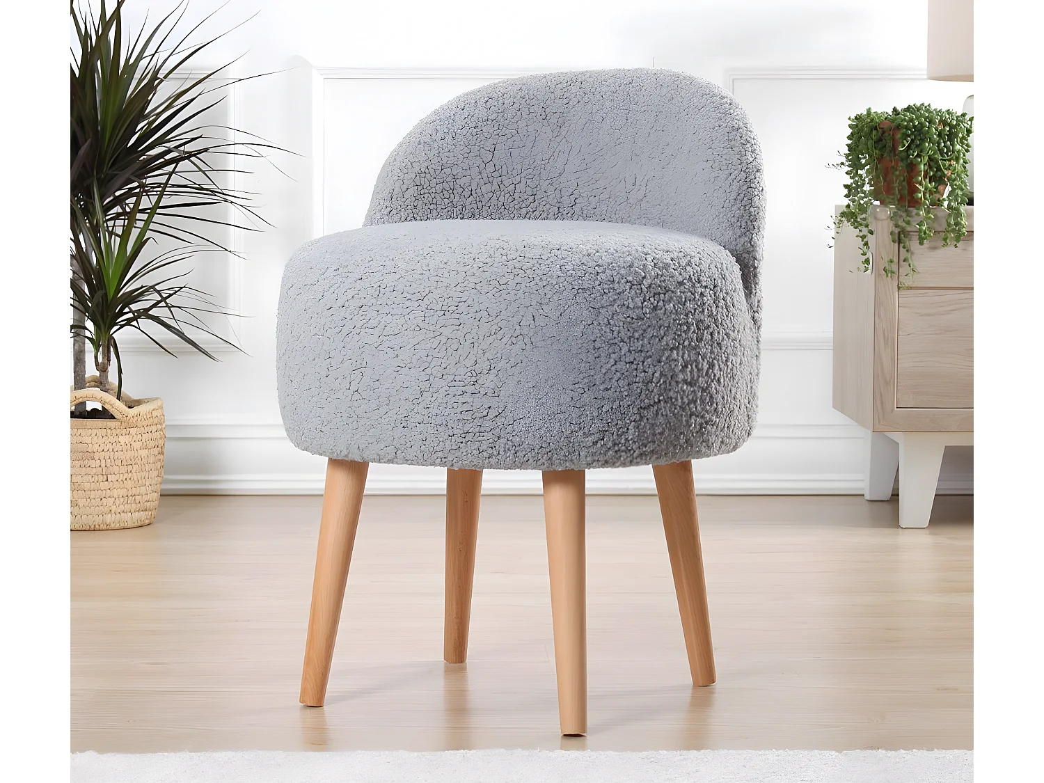 Tabouret Ross H64cm Bois clair et Fourrure Gris