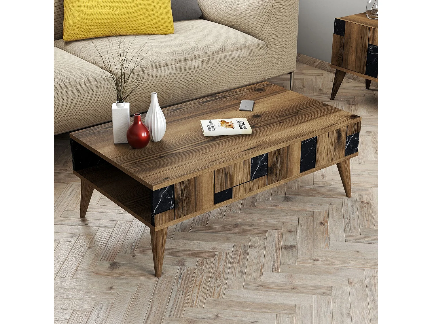 Table basse avec rangement Raga L105xP60cm Bois et Effet marbre Noir