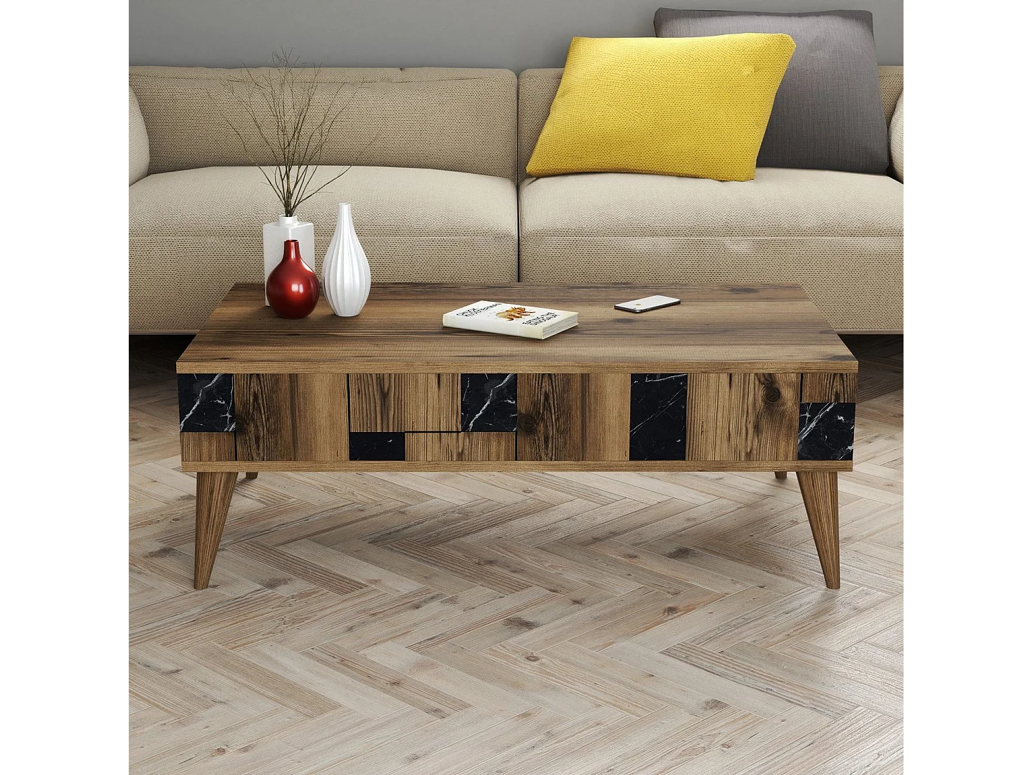 Table basse avec rangement Raga L105xP60cm Bois et Effet marbre Noir