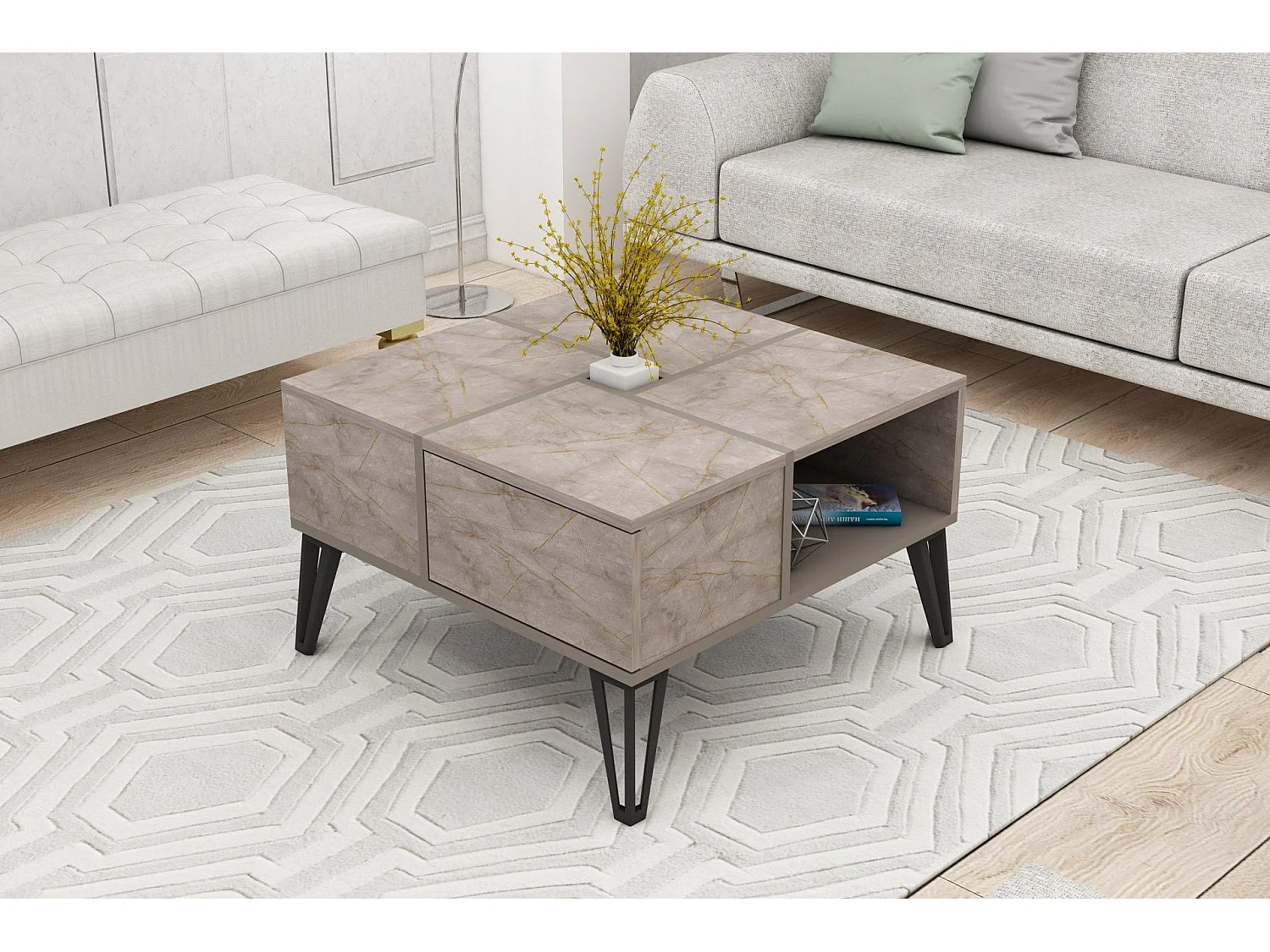 Table basse carrée avec rangement Equinox Bois Marron clair effet marbre