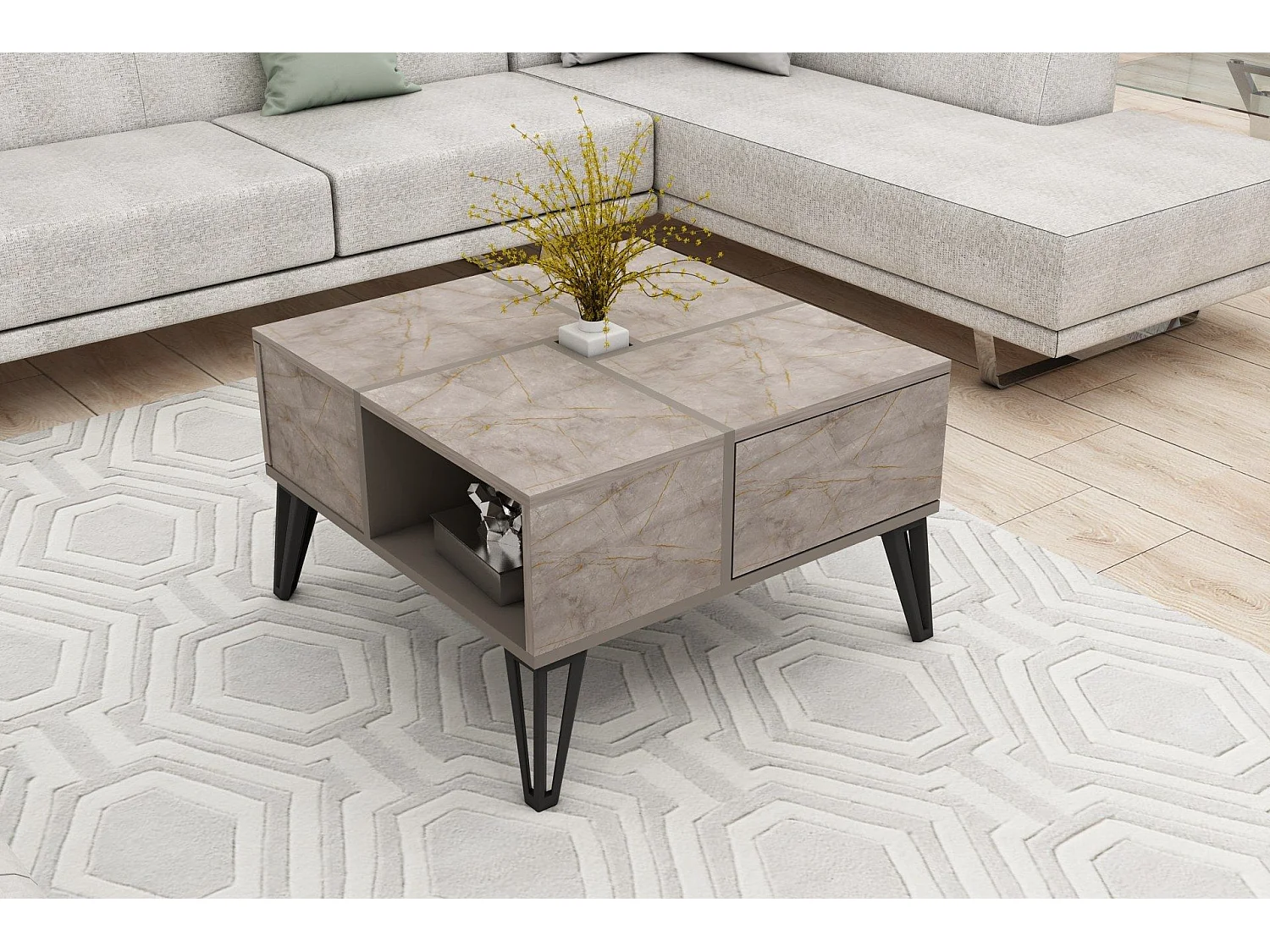 Table basse carrée avec rangement Equinox Bois Marron clair effet marbre