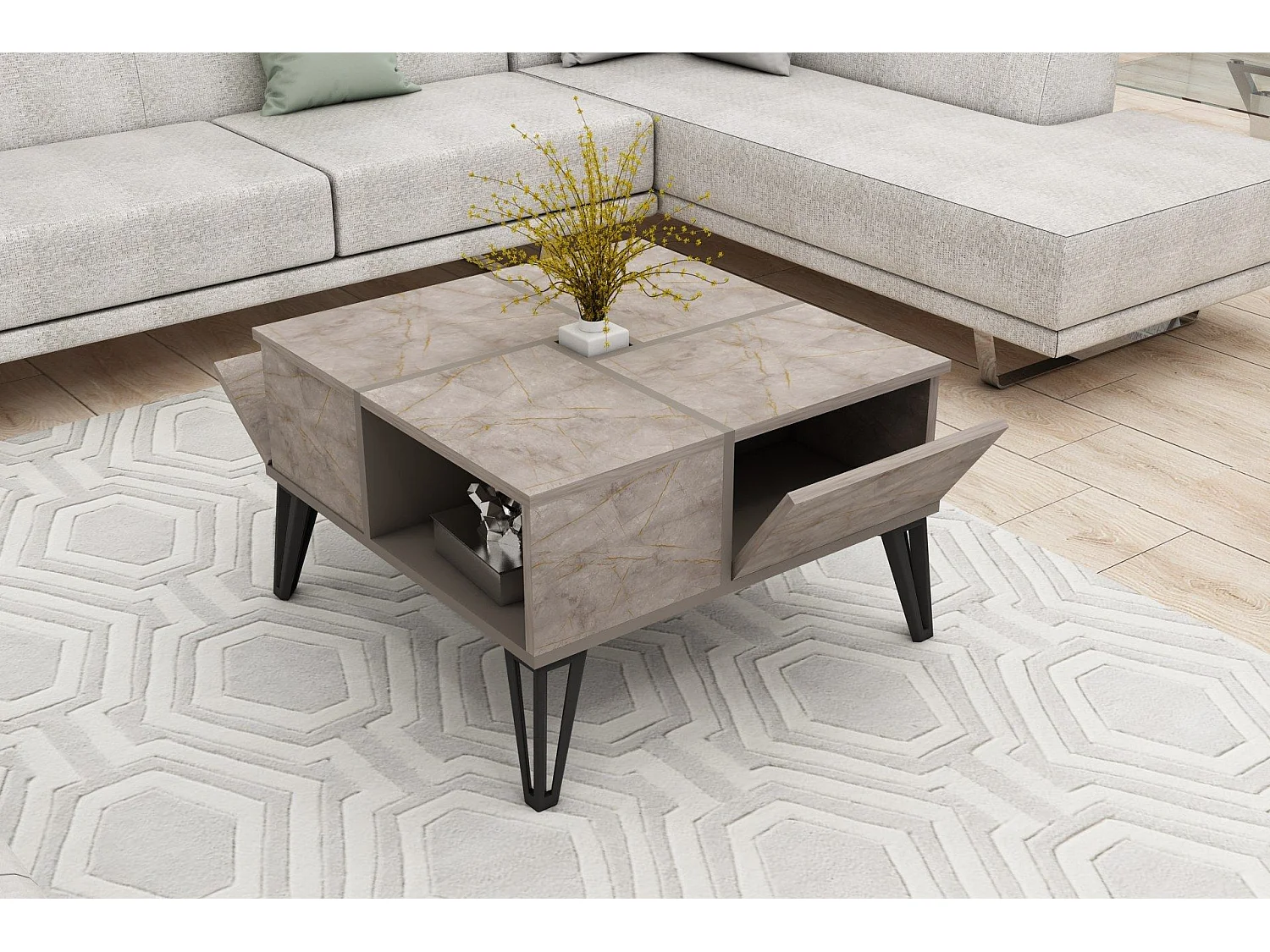 Table basse carrée avec rangement Equinox Bois Marron clair effet marbre