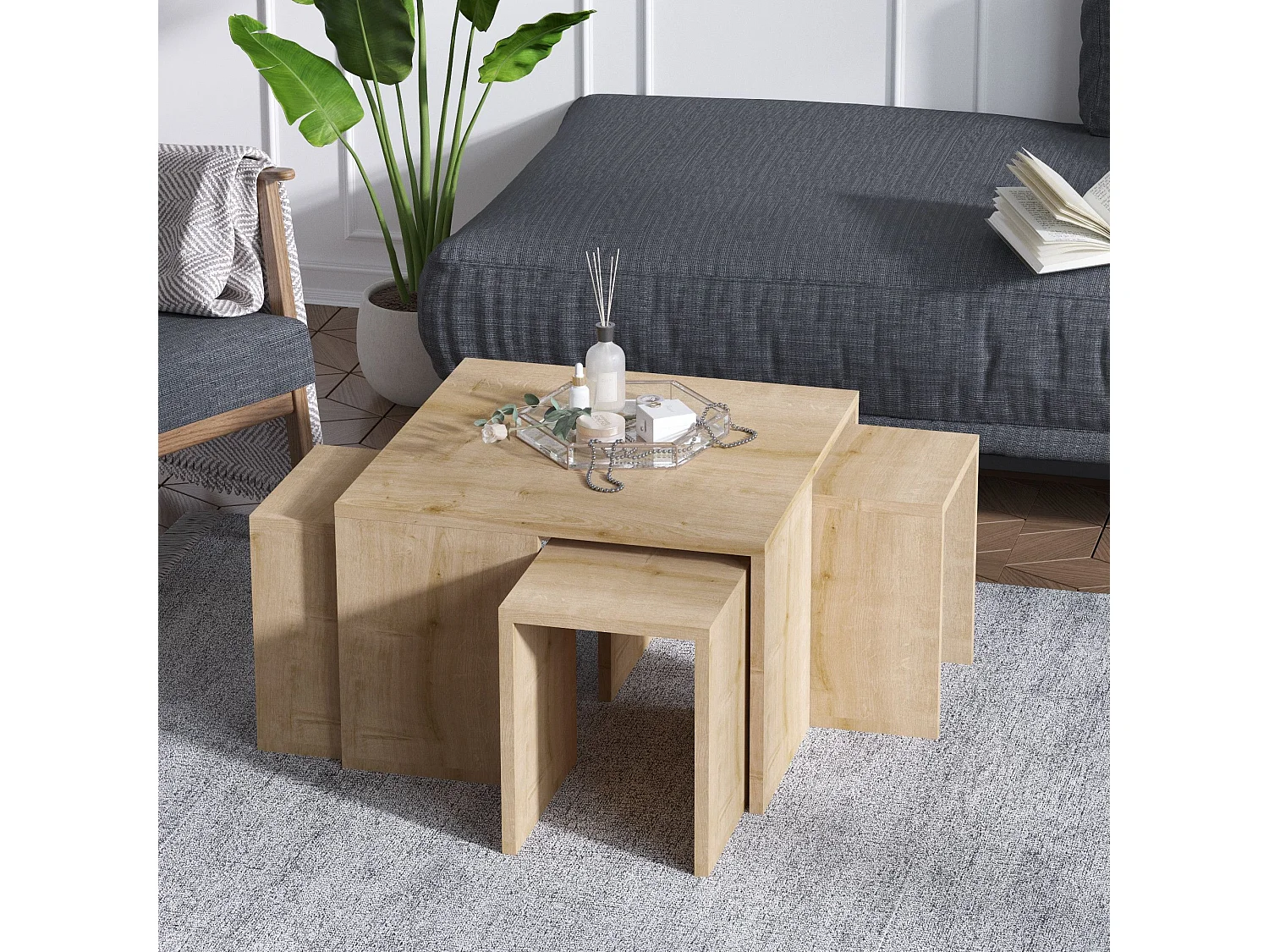 Ensemble table basse et tables d'appointes gigogne Adiunxi Bois Naturel