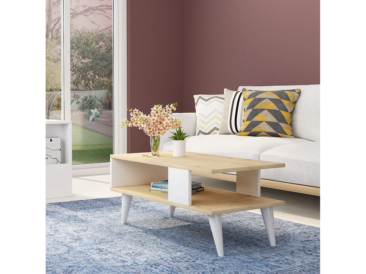 Mesa de café Kailua 1866, Blanco|Roble, 40x45x90cm, Aglomerado laminado, Angular