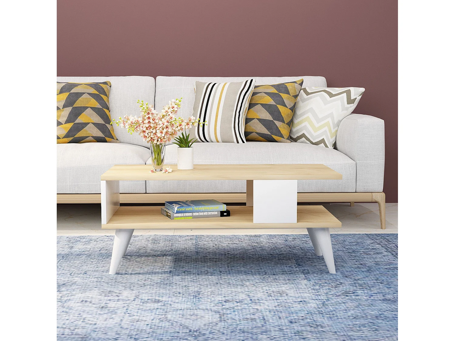 Table basse style scandinave Jatte L90xH40cm Blanc et Chêne clair