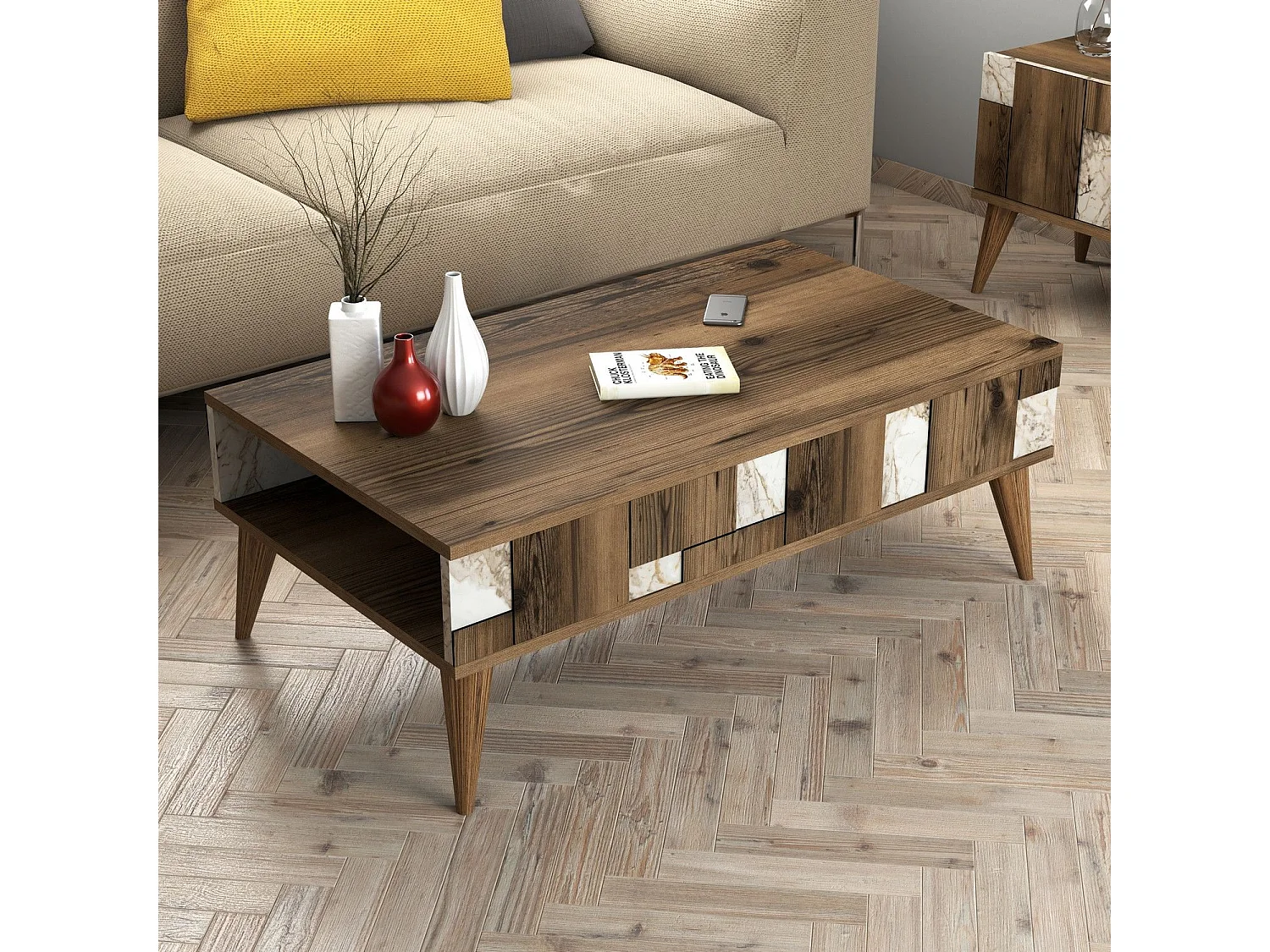 Table basse avec rangement Raga L105xP60cm Bois et Effet marbre Blanc