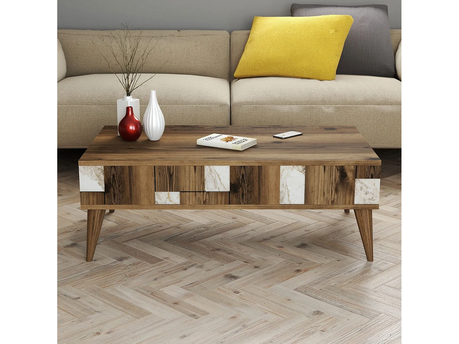 Table basse avec rangement Raga L105xP60cm Bois et Effet marbre Blanc