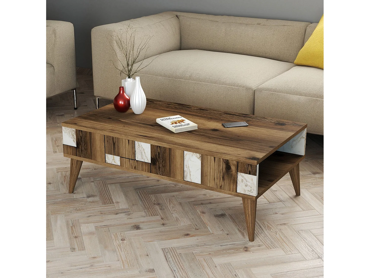 Table basse avec rangement Raga L105xP60cm Bois et Effet marbre Blanc