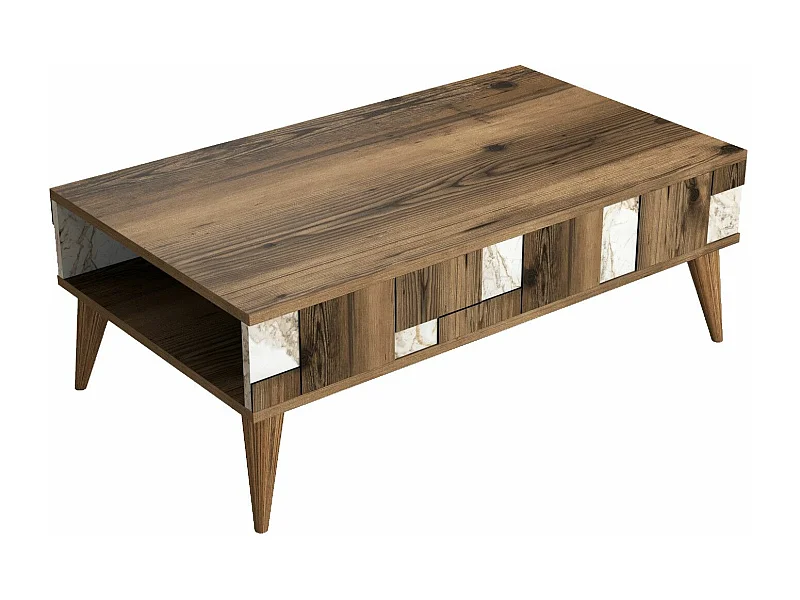 Table basse avec rangement Raga L105xP60cm Bois et Effet marbre Blanc