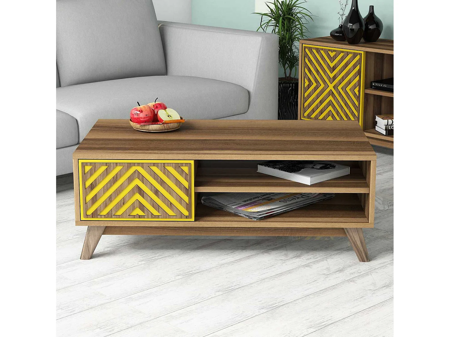 Table basse 1 porte et 2 étagères Waevo L105xP60cm Bois et Jaune