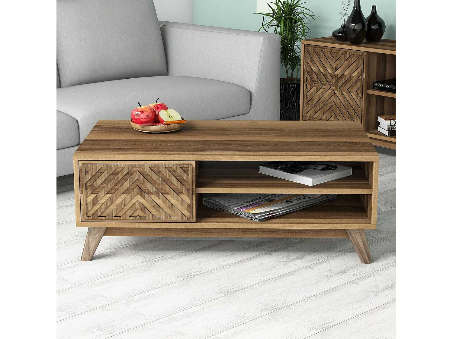 Table basse 1 porte et 2 étagères Waevo L105xP60cm Bois Naturel