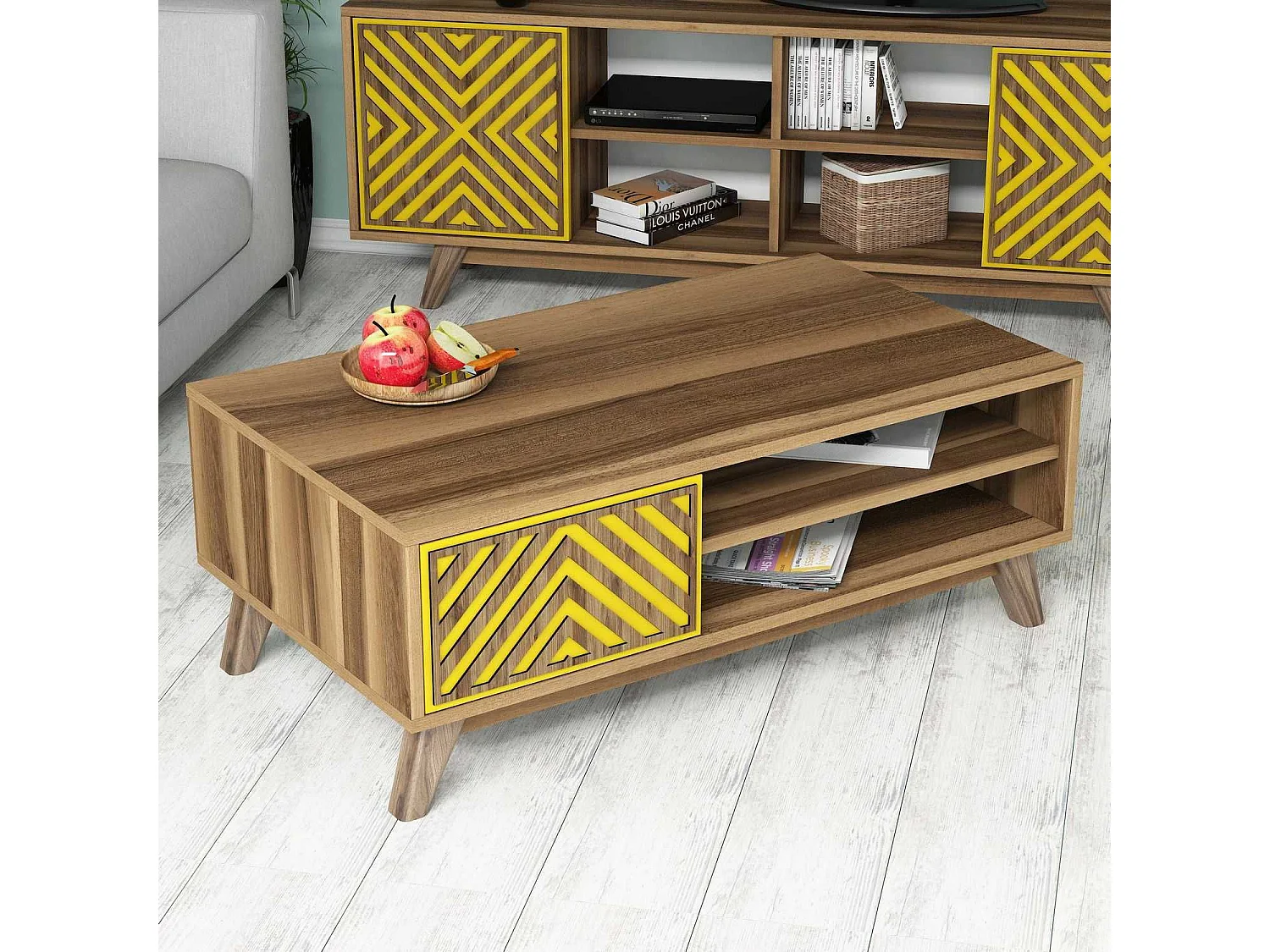 Mesa de café Kailua 1224, Nogal|Blanco, 38x60x105cm, Aglomerado laminado, Angular