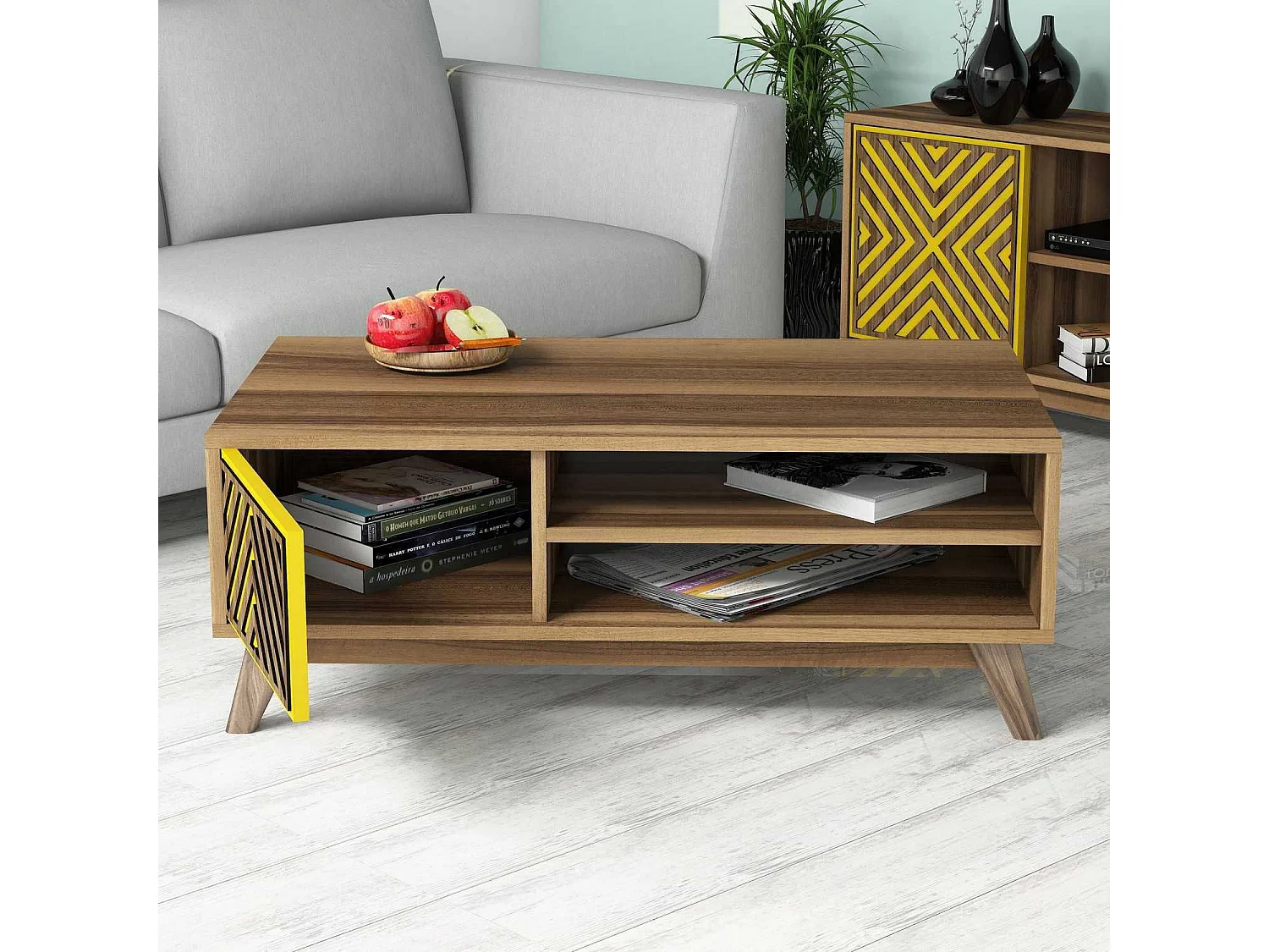 Table basse 1 porte et 2 étagères Waevo L105xP60cm Bois et Blanc