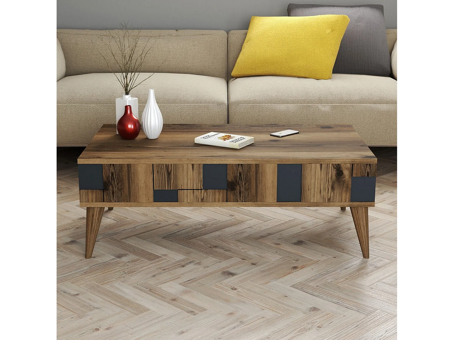 Mesa de café Kailua 1234, Nogal|Antracita, 38x60x105cm, Aglomerado laminado, Angular