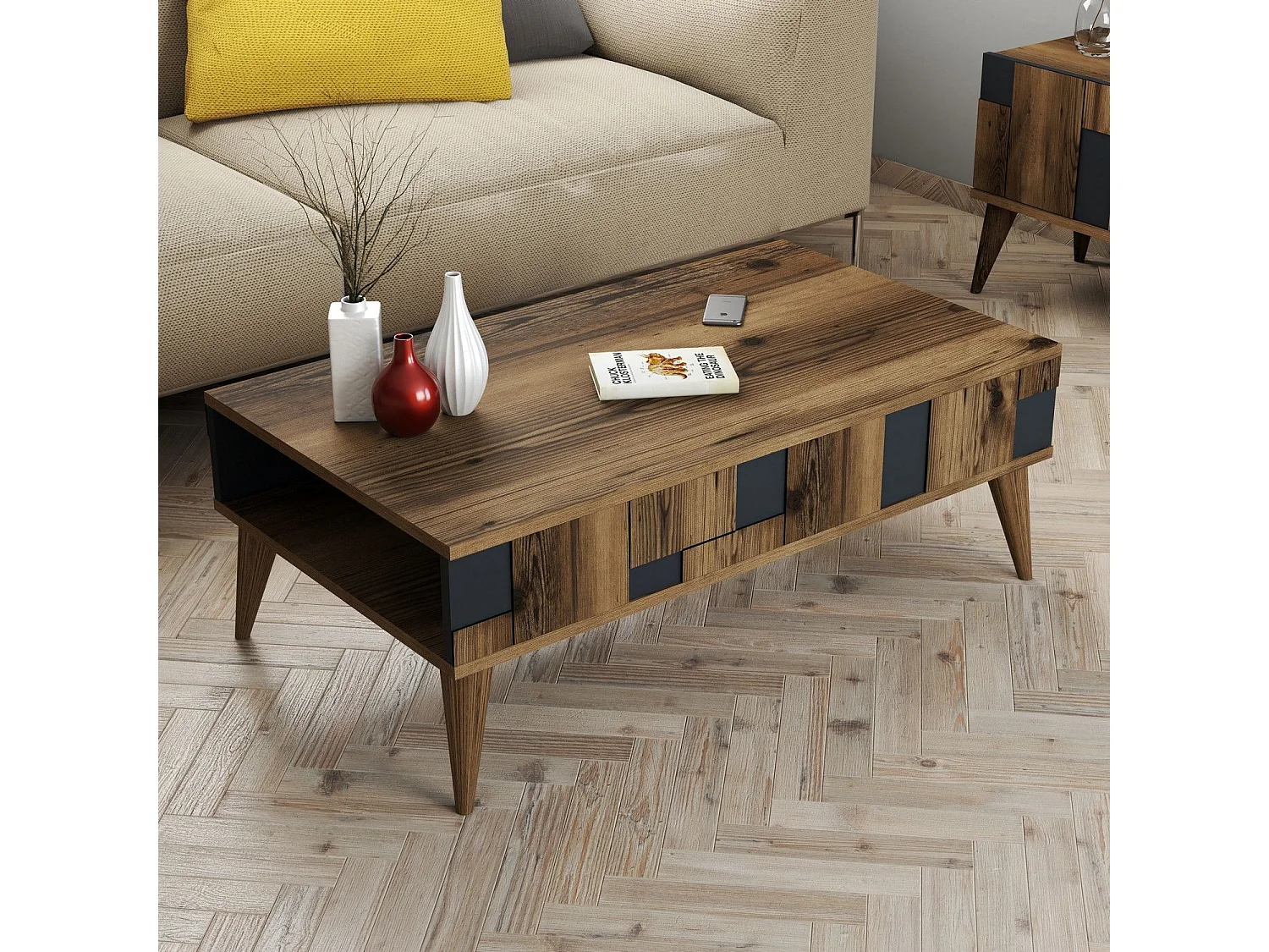 Table basse avec rangement Raga L105xP60cm Bois et Anthracite