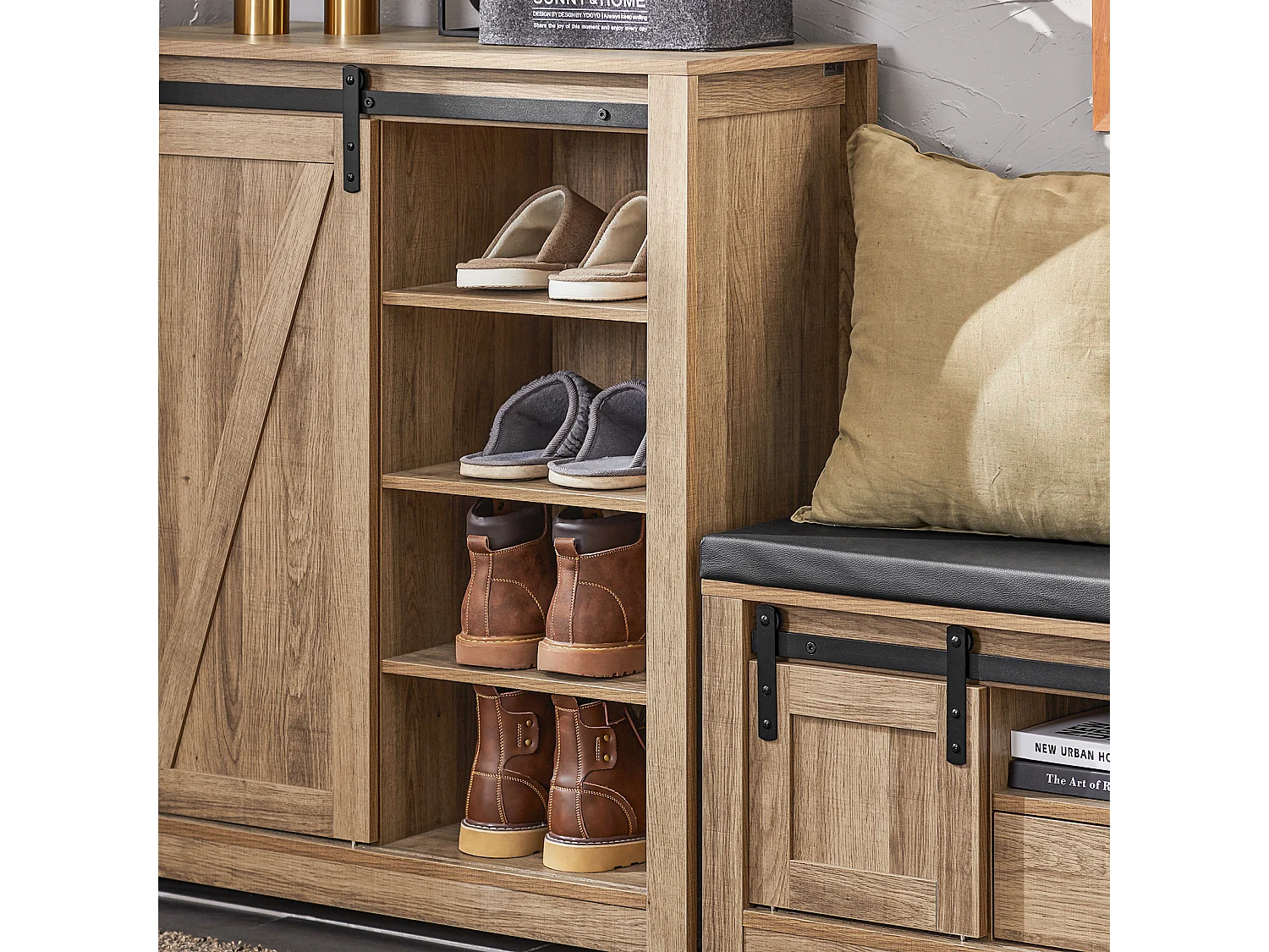 Armoire à Chaussures Commode à Chaussures Commode avec Porte de Grange Coulissante, FSB59-BR