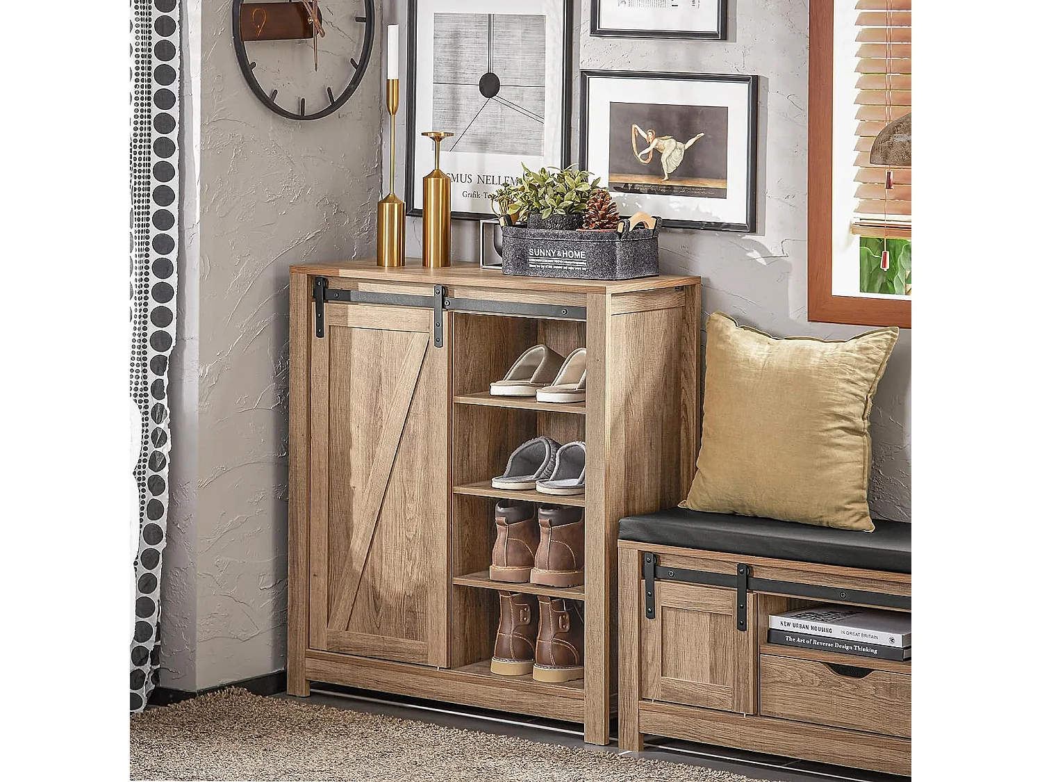 Armoire à Chaussures Commode à Chaussures Commode avec Porte de Grange Coulissante, FSB59-BR