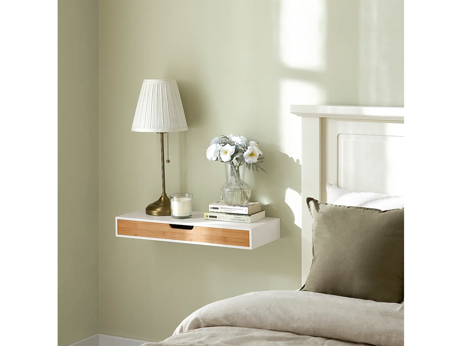 SoBuy FRG93-WN Zwevende plank wit Hangende lade Wandplank bamboe Boekenplanken