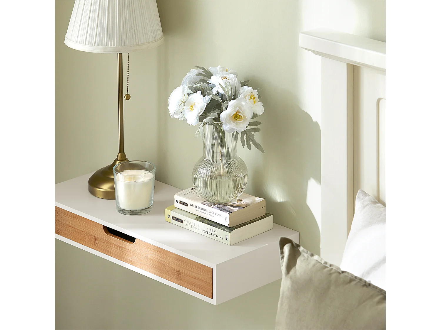 SoBuy FRG93-WN Zwevende plank wit Hangende lade Wandplank bamboe Boekenplanken