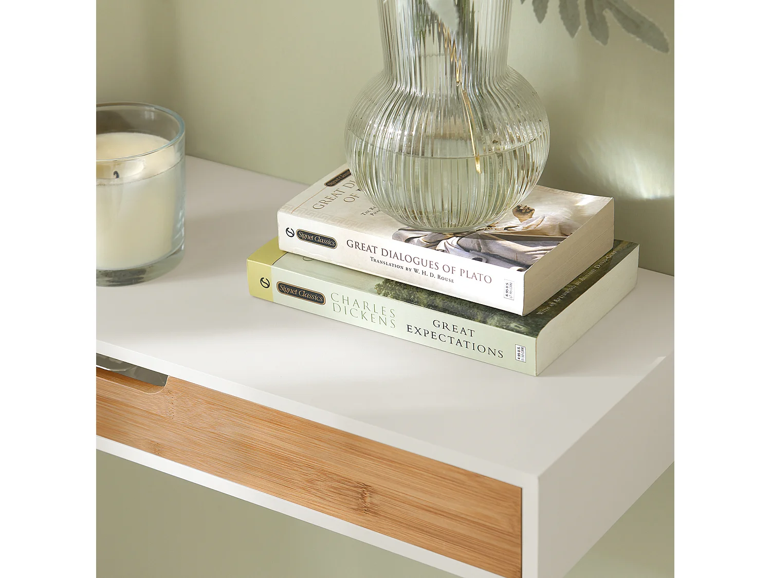 SoBuy FRG93-WN Zwevende plank wit Hangende lade Wandplank bamboe Boekenplanken