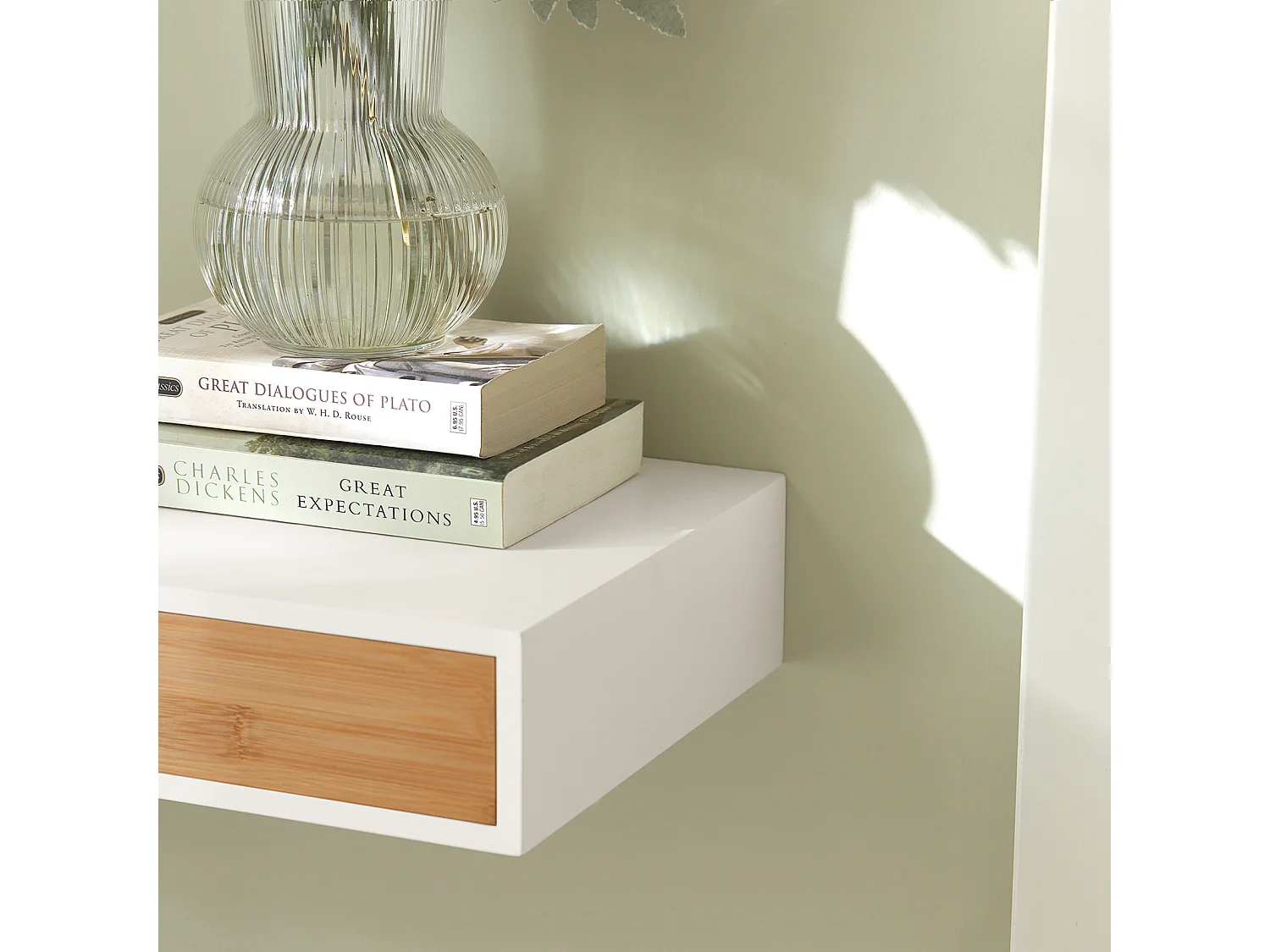 SoBuy FRG93-WN Zwevende plank wit Hangende lade Wandplank bamboe Boekenplanken