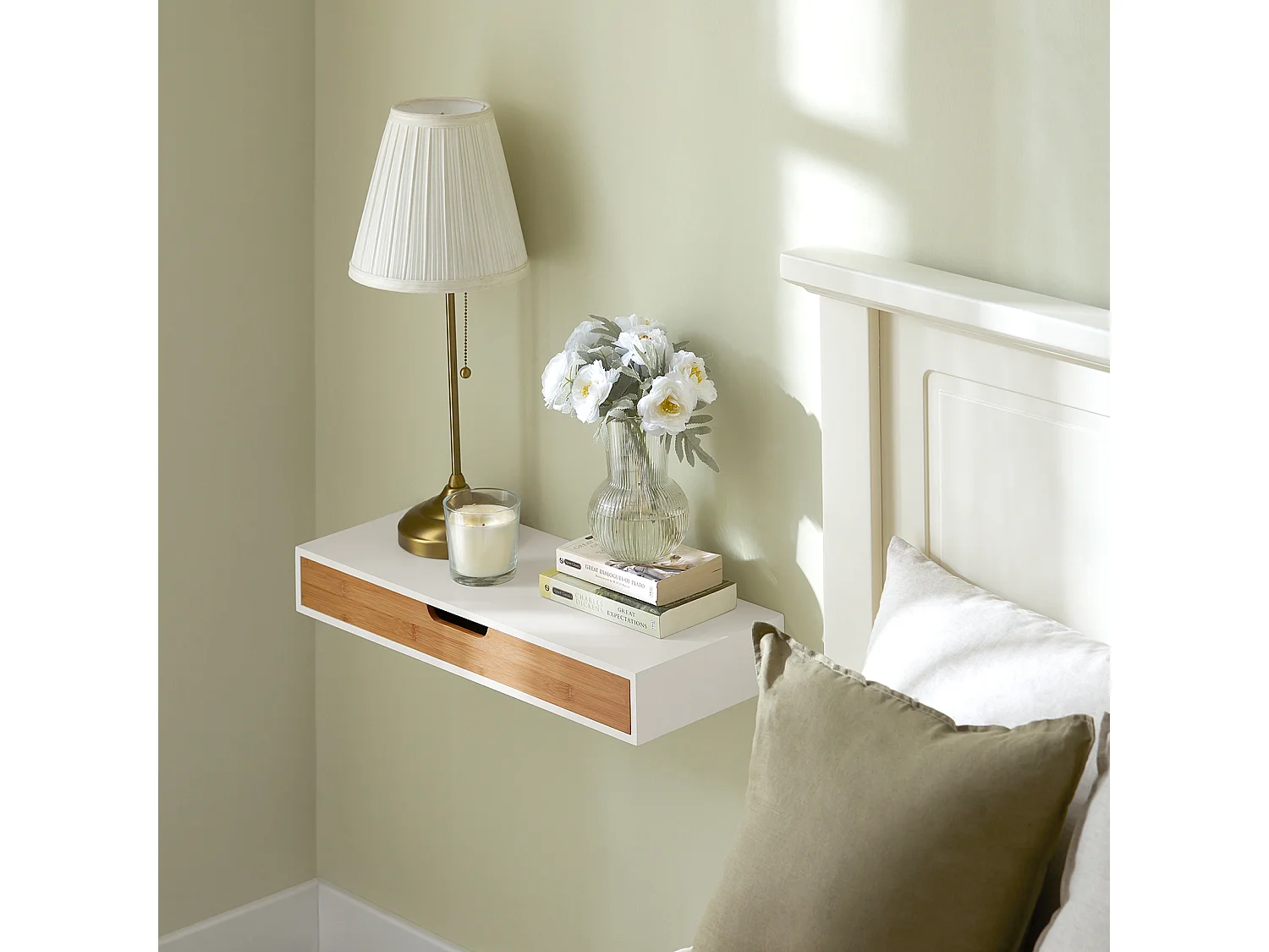 SoBuy FRG93-WN Zwevende plank wit Hangende lade Wandplank bamboe Boekenplanken