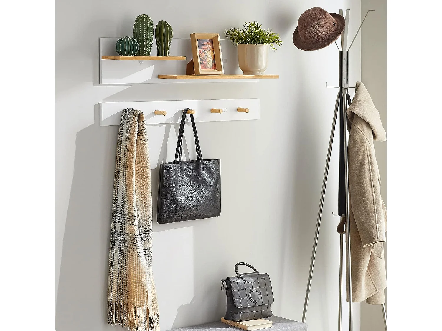 Porte-manteau Mural en 2 Parties Étagère Murale avec 5 crochets et 1 étagère, FHK21-WN