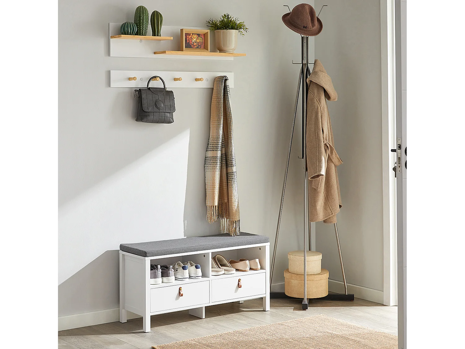 Porte-manteau Mural en 2 Parties Étagère Murale avec 5 crochets et 1 étagère, FHK21-WN