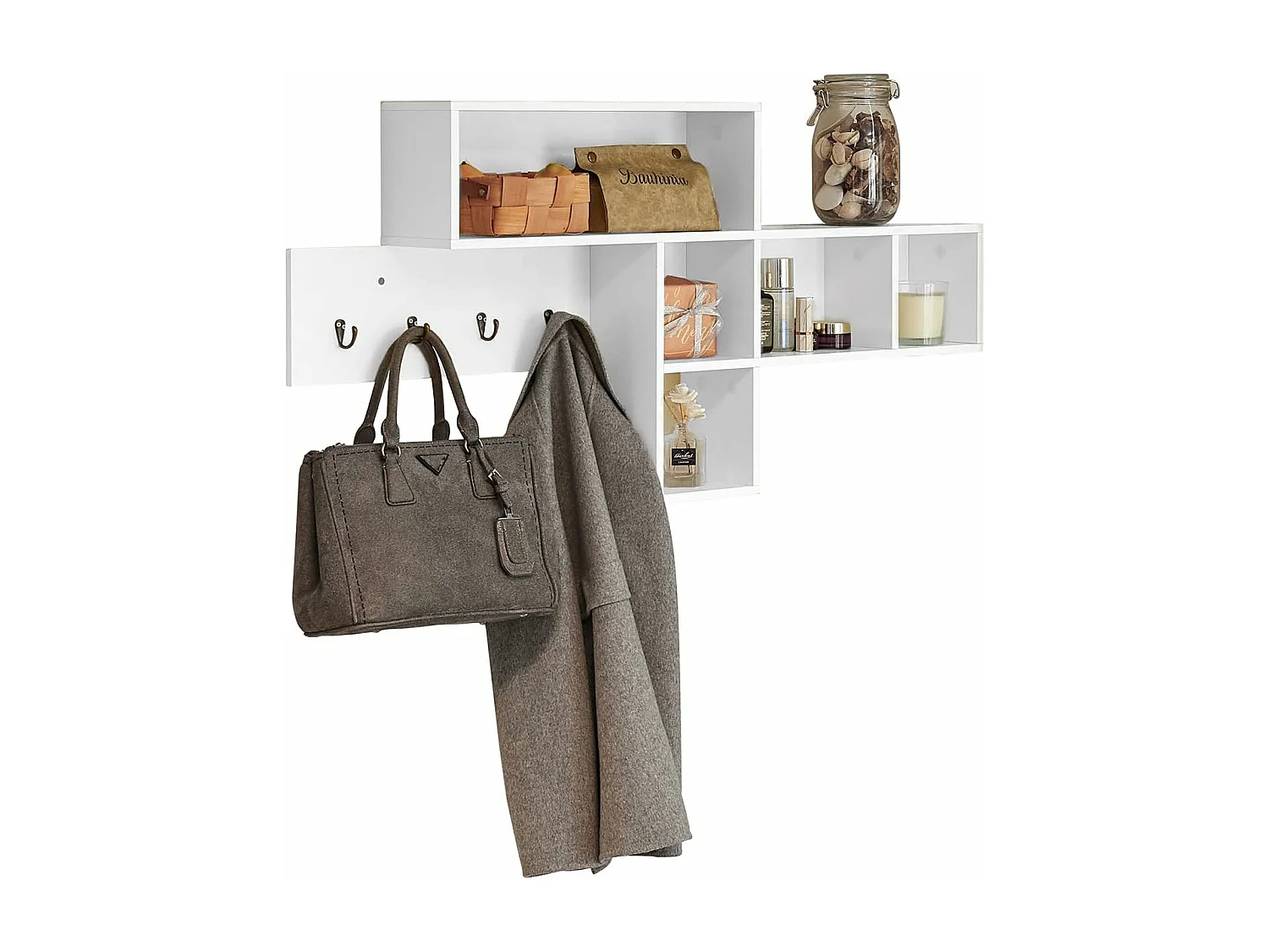 SoBuy FHK17-W Kapstok Wandplank Hal Kapstokken Hangplank Garderobe met 5 vakken en 4 haken Wit