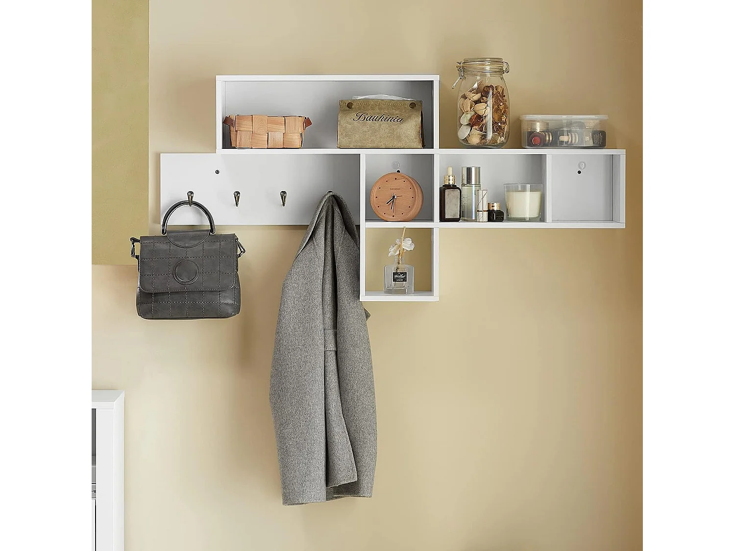 SoBuy FHK17-W Kapstok Wandplank Hal Kapstokken Hangplank Garderobe met 5 vakken en 4 haken Wit