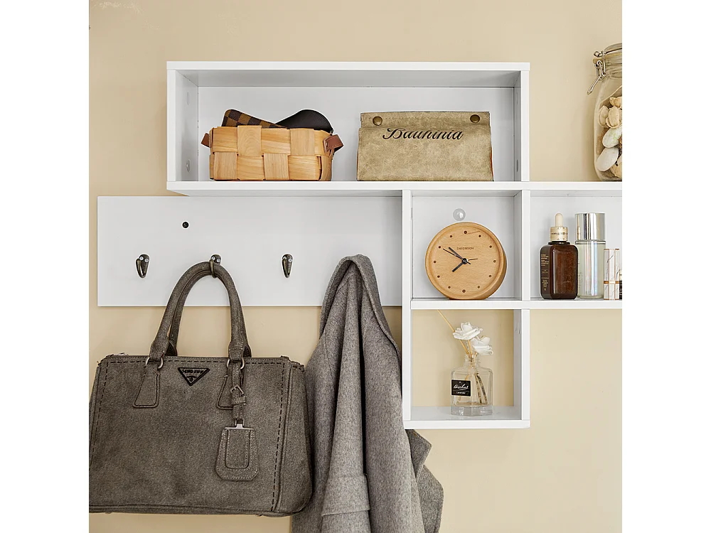 SoBuy FHK17-W Kapstok Wandplank Hal Kapstokken Hangplank Garderobe met 5 vakken en 4 haken Wit