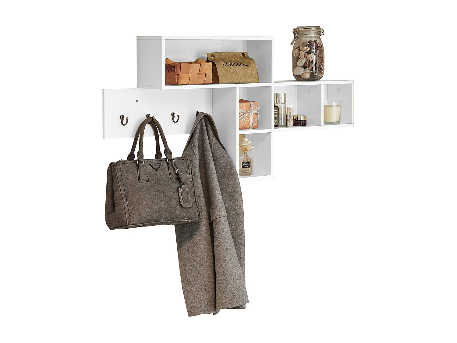 SoBuy FHK17-W Kapstok Wandplank Hal Kapstokken Hangplank Garderobe met 5 vakken en 4 haken Wit