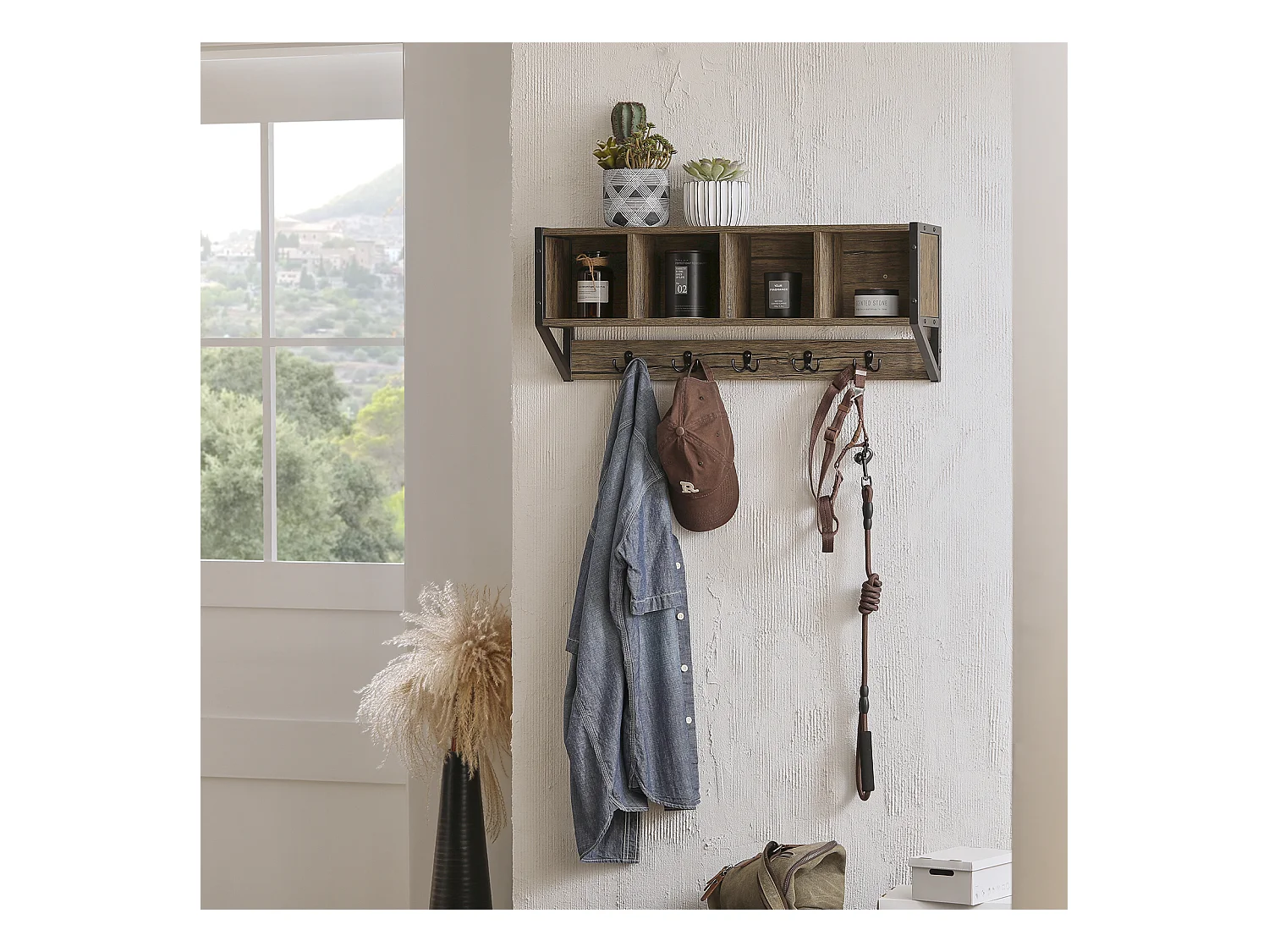 Porte Manteau Mural Étagère de Rangement avec 4 Compartiments et 5 Crochets, FHK25-N