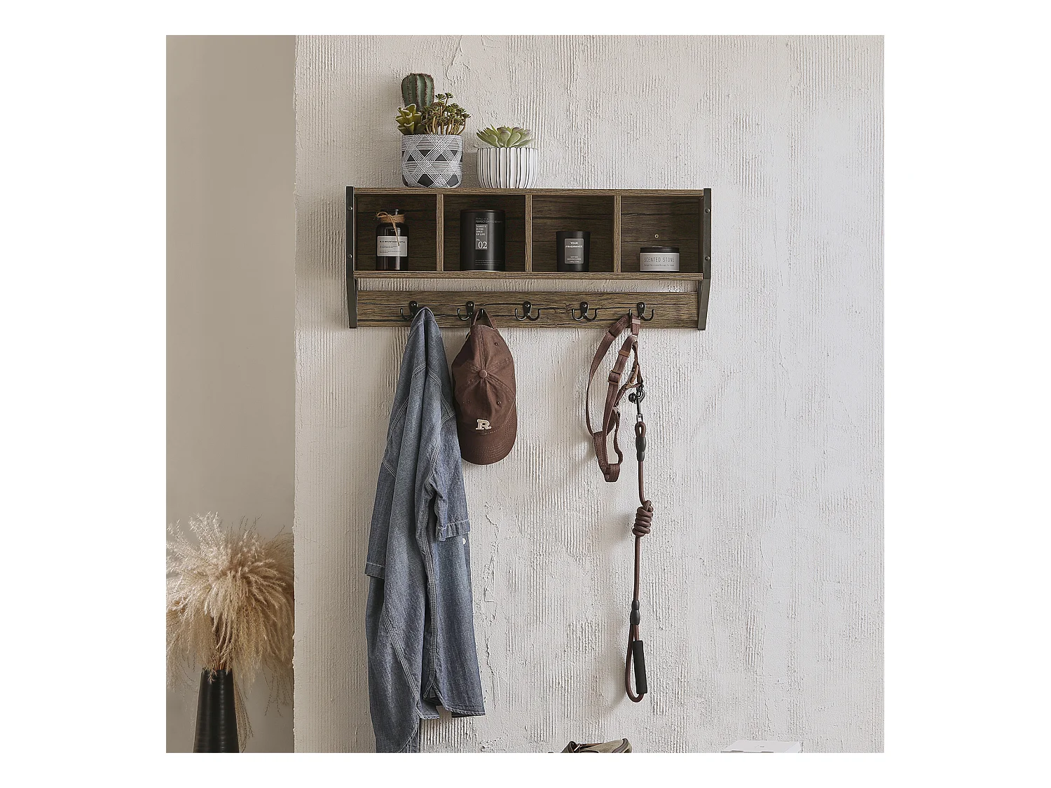Porte Manteau Mural Étagère de Rangement avec 4 Compartiments et 5 Crochets, FHK25-N